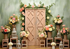 Spring Flower Wooden Door Photography Backdrop