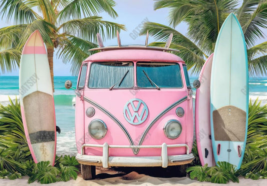 Hippie Bus Surfboard Beach Backdrop