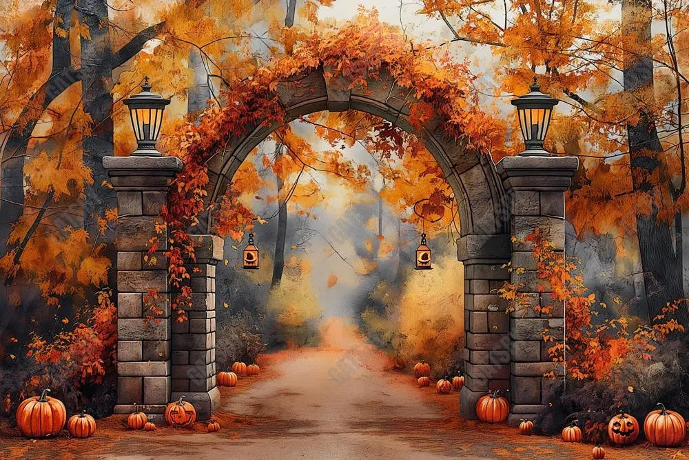 Autumn Forest Pumpkin Arch Gate Photography Backdrop GBSX-99604 - Gatsby Backdrop