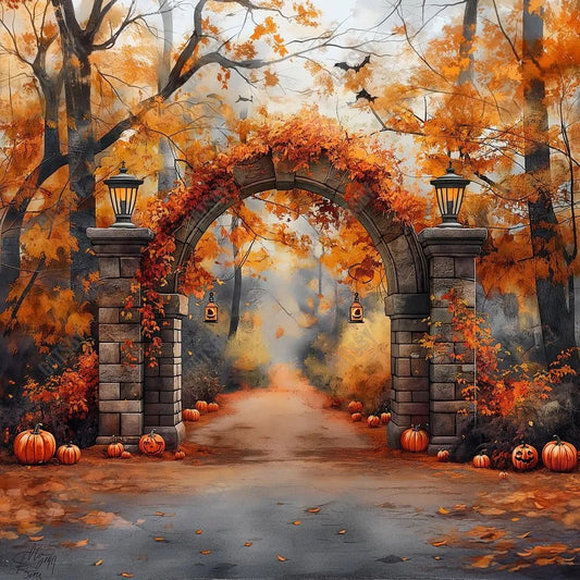 Autumn Forest Pumpkin Arch Gate Photography Backdrop GBSX-99604 - Gatsby Backdrop