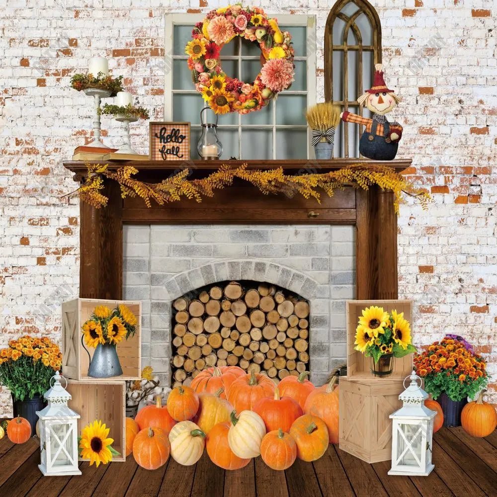 Autumn Harvest Fireplace Photography Backdrop GBSX-99607 - Gatsby Backdrop