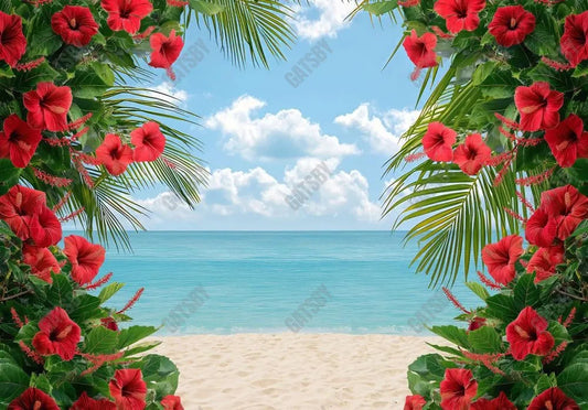 Beach Scene Red Flowers Backdrop - Gatsby Backdrop