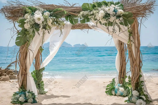 Beach White Flower Arch Photography Backdrop GBSX-99643 - Gatsby Backdrop