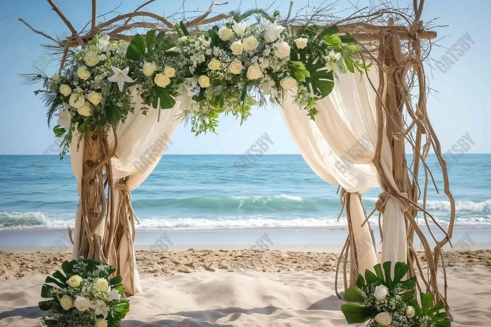 Beach White Flower Arch Photography Backdrop GBSX-99644 - Gatsby Backdrop