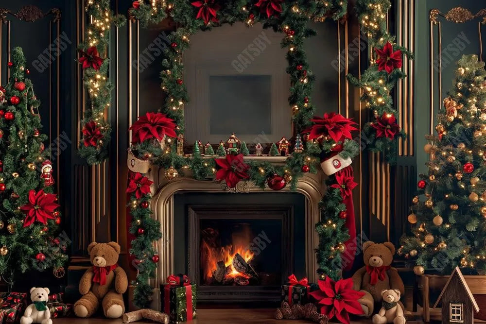 Beary Christmas Fireplace Photography Backdrop GBSX-99646 - Gatsby Backdrop