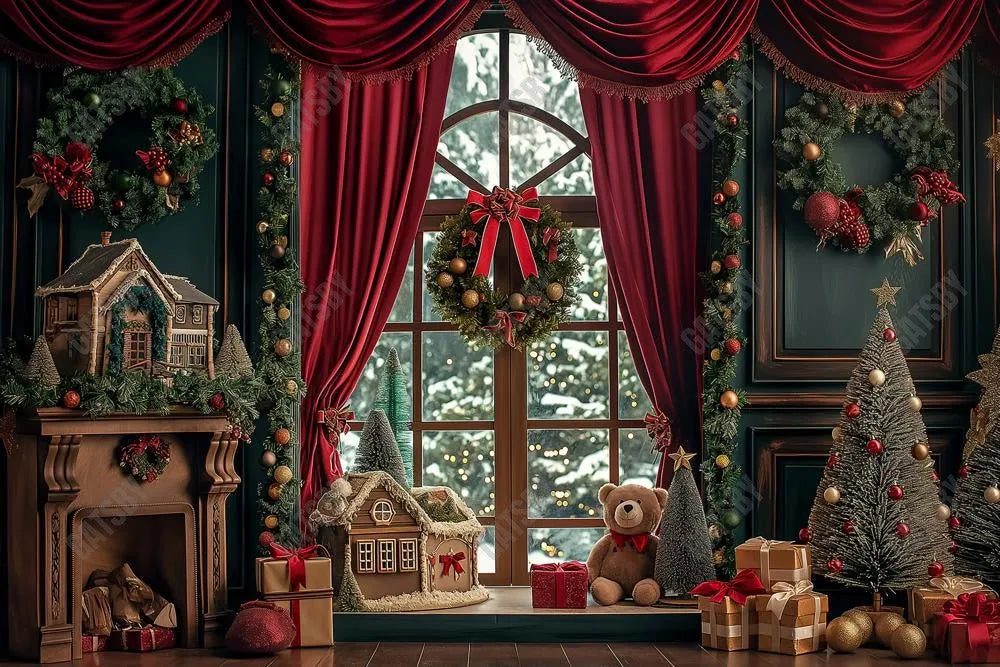 Beary Christmas Window Photography Backdrop GBSX-99648 - Gatsby Backdrop