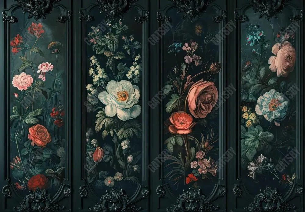 Black Vintage Floral Classic Wall Backdrop - Gatsby Backdrop