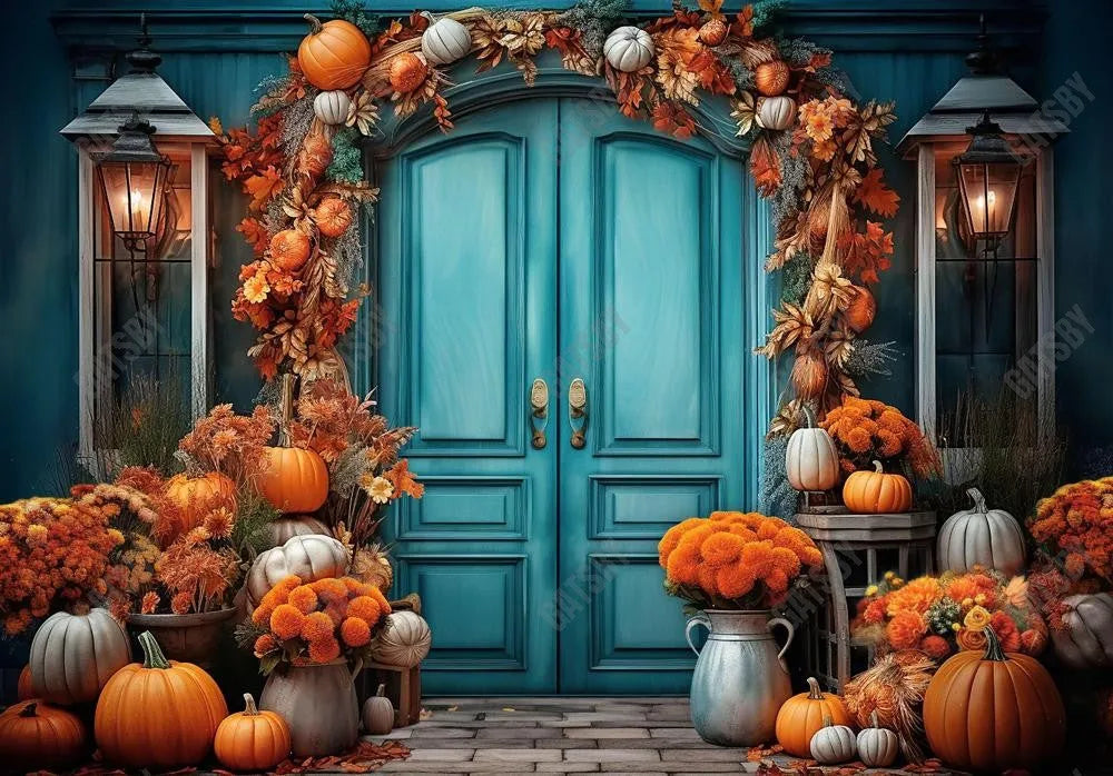 Blue Autumn Pumpkin Door Backdrop - Gatsby Backdrop