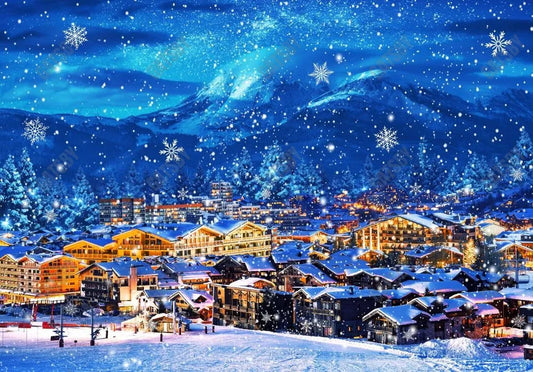 Blue Christmas Village Photo Backdrop - Gatsby Backdrop