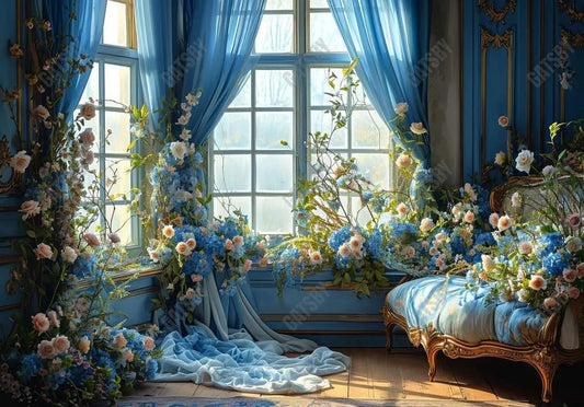 Blue Curtain Flowers Window Backdrop - Gatsby Backdrop