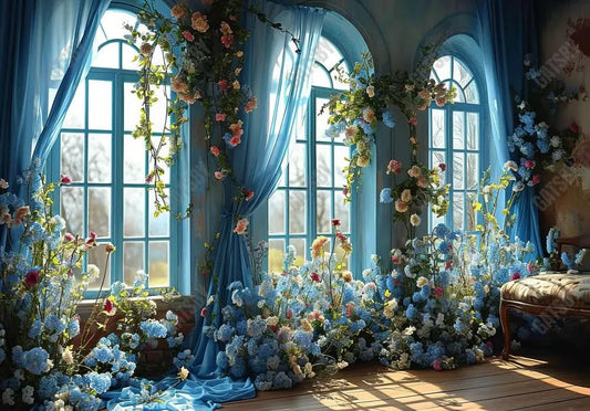 Blue Flower Curtain Window Room Backdrop - Gatsby Backdrop