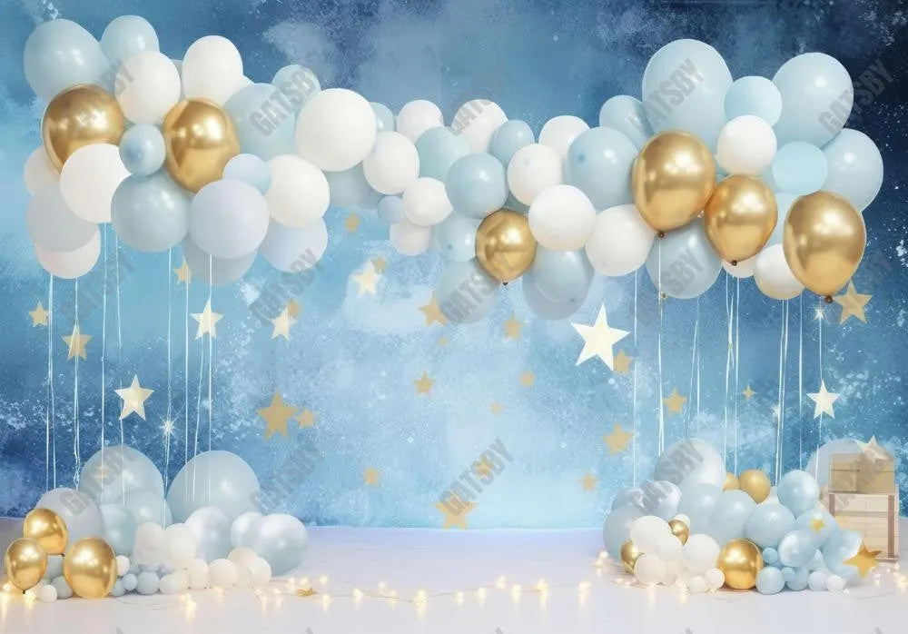 Blue White Gold Balloons Birthday Backdrop - Gatsby Backdrop