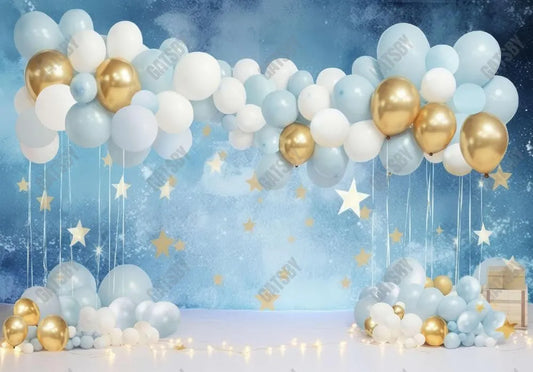 Blue White Gold Balloons Birthday Backdrop - Gatsby Backdrop