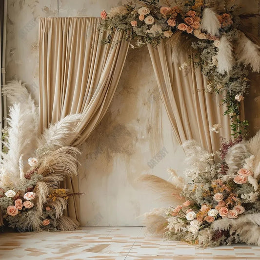 Boho Floral Ivory Curtain Photography Backdrop GBSX-99658 - Gatsby Backdrop