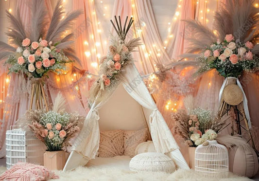 Boho Tent Champagne Flowers Backdrop - Gatsby Backdrop