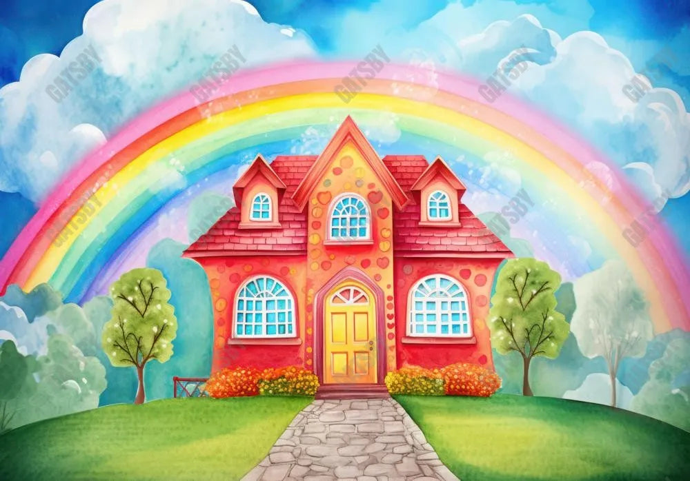 Cartoon Heart Rainbow House Backdrop - Gatsby Backdrop