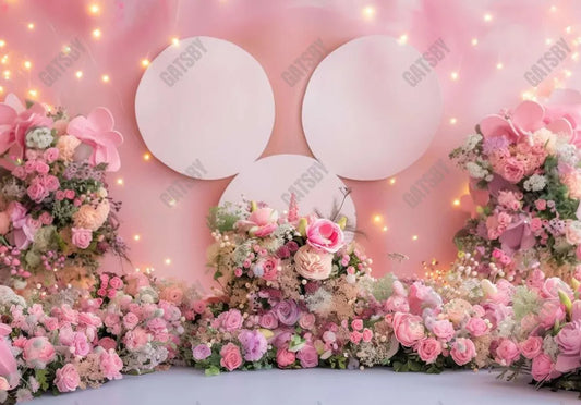 Cartoon Mouse Head Pink Floral Wall Backdrop - Gatsby Backdrop