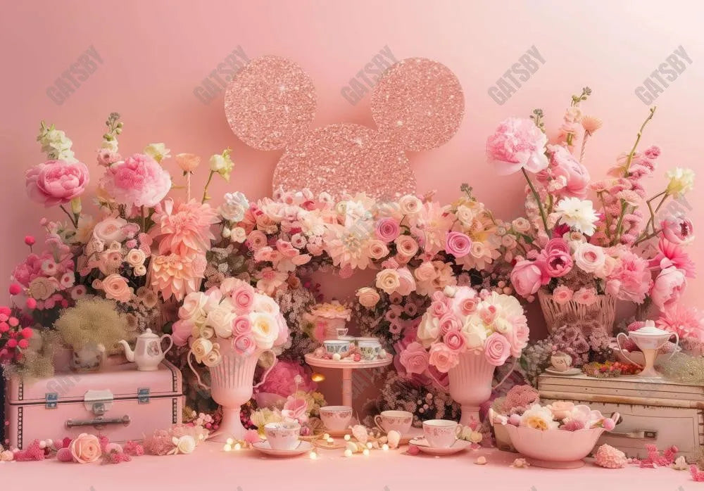 Cartoon Mouse Head Pink Flowers Backdrop - Gatsby Backdrop