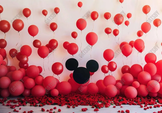 Cartoon Mouse Head Red Balloons Backdrop - Gatsby Backdrop