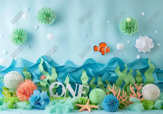 Cartoon Sea Fish ONE Birthday Blue Backdrop - Gatsby Backdrop