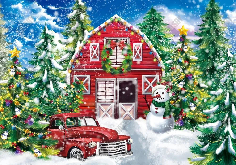 Christmas Red Barn Photography Backdrop GBSX-99704 - Gatsby Backdrop