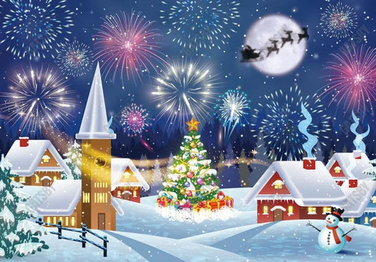 Christmas Snowing Night Village Backdrop - Gatsby Backdrop