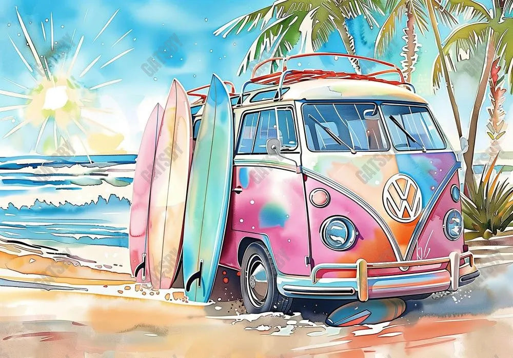 Colorful Hippie Bus Beach Backdrop - Gatsby Backdrop