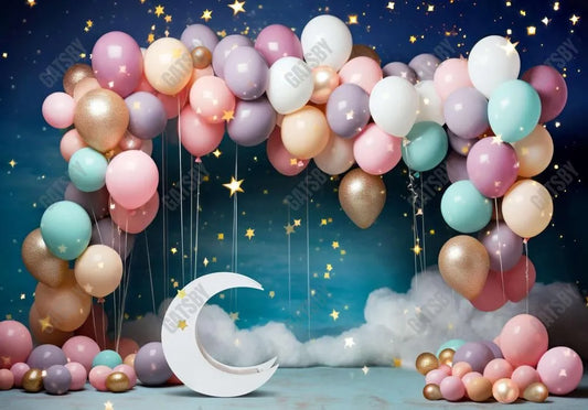 Colorful Moon Stars Balloons Birthday Backdrop - Gatsby Backdrop