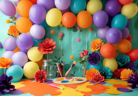 Colorful Paper Flowers Balloons Backdrop - Gatsby Backdrop