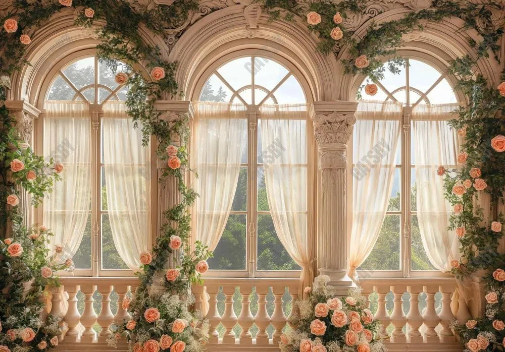 Creamy Colored Flowers Arch Windows Backdrop - Gatsby Backdrop