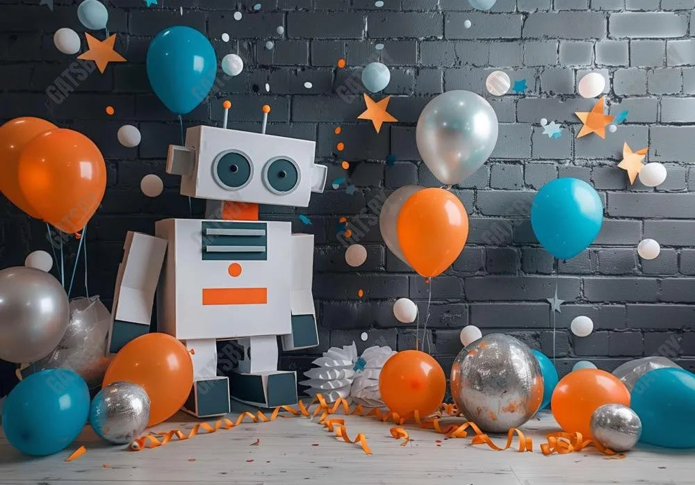 Cute Robot Party Backdrop - Gatsby Backdrop