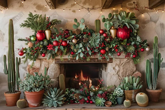 Desert Christmas Fireplace Photography Backdrop GBSX-99750 - Gatsby Backdrop