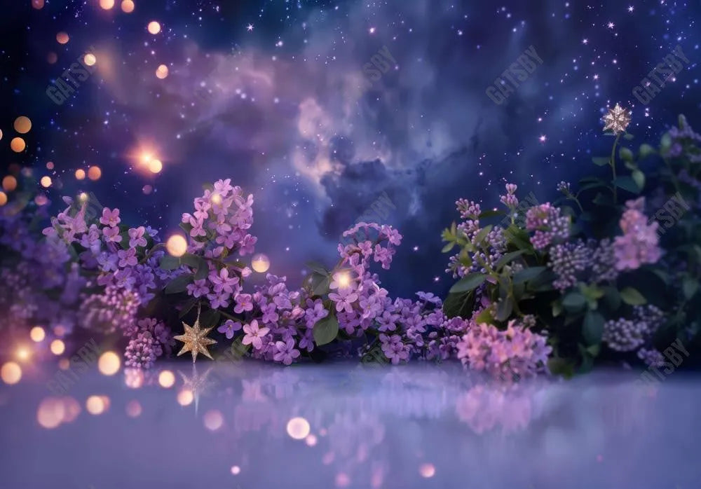 Dreamy Lilac Flowers Under Starry Night Sky Backdrop - Gatsby Backdrop