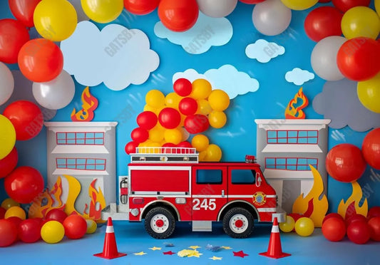 Firetruck Blue Sky Balloons Backdrop - Gatsby Backdrop