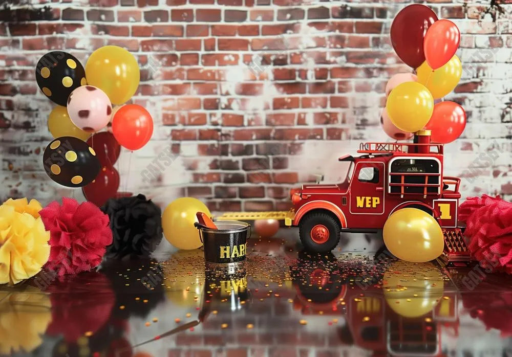 Firetruck Brick Wall Backdrop - Gatsby Backdrop