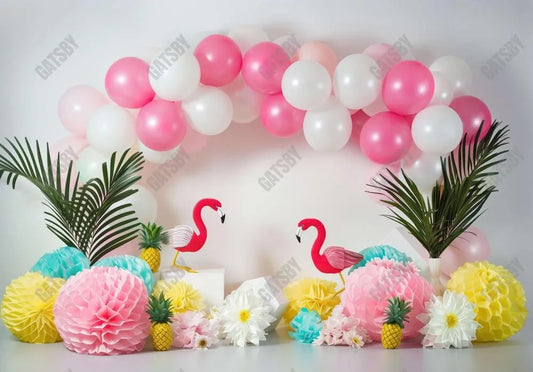 Flamingo Pastel Pink White Balloons Backdrop - Gatsby Backdrop