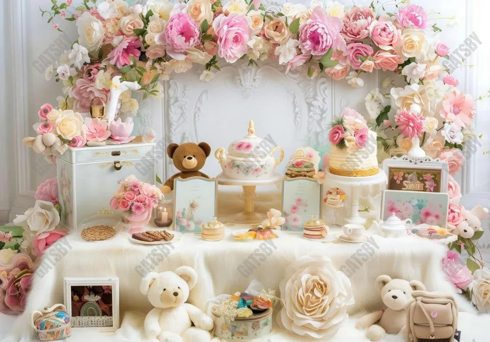 Flower Bear Birthday Tea Party Backdrop - Gatsby Backdrop