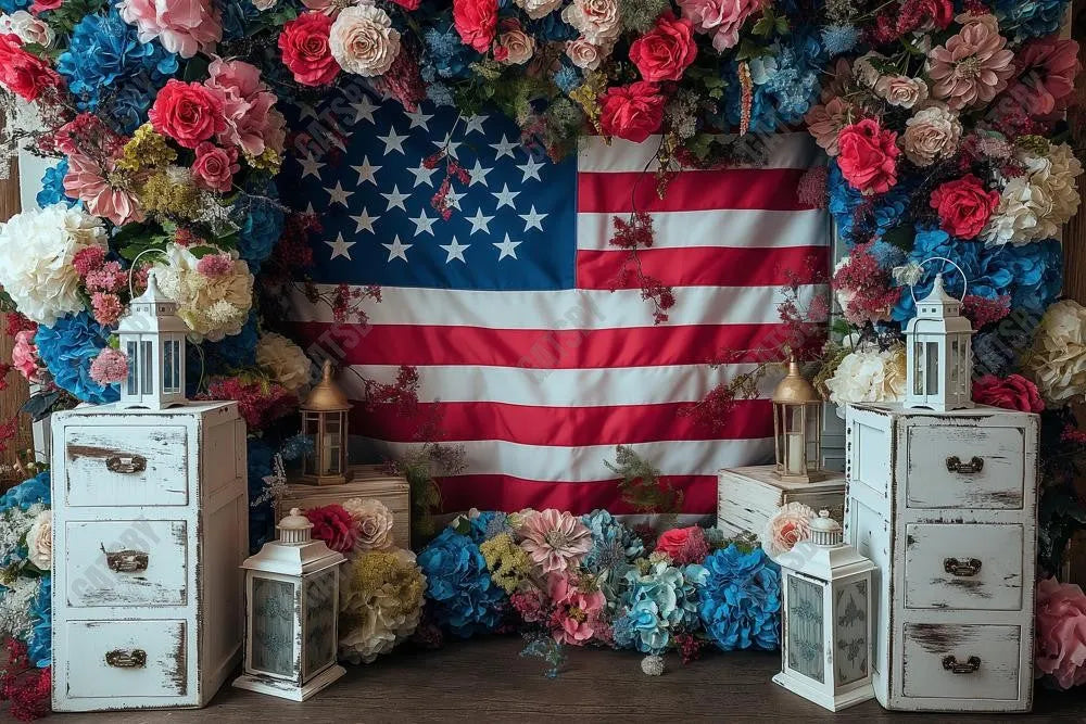 Gatsby 4Th Of July Floral Arch Photography Backdrop GBSX-00086 - Gatsby Backdrop