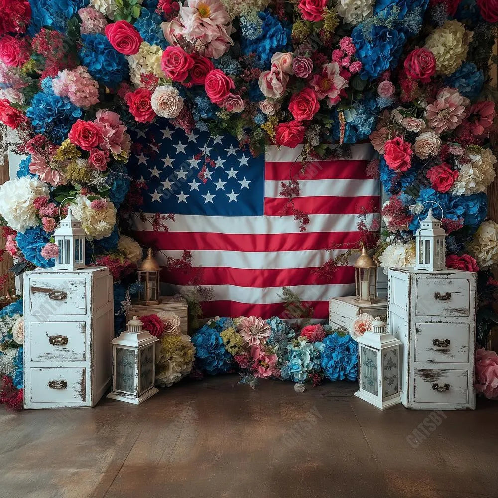 Gatsby 4Th Of July Floral Arch Photography Backdrop GBSX-00086 - Gatsby Backdrop