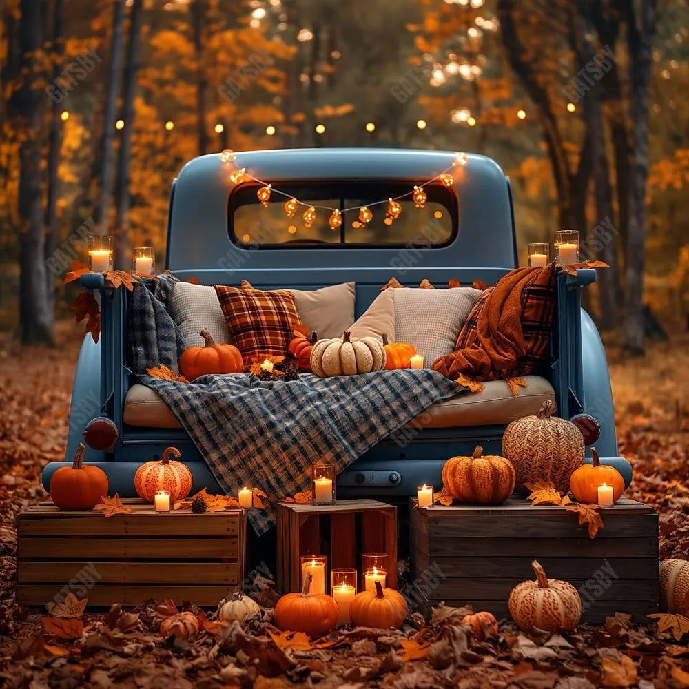 Gatsby Autumn Forest Blue Truck Photography Backdrop GBSX-00139 - Gatsby Backdrop