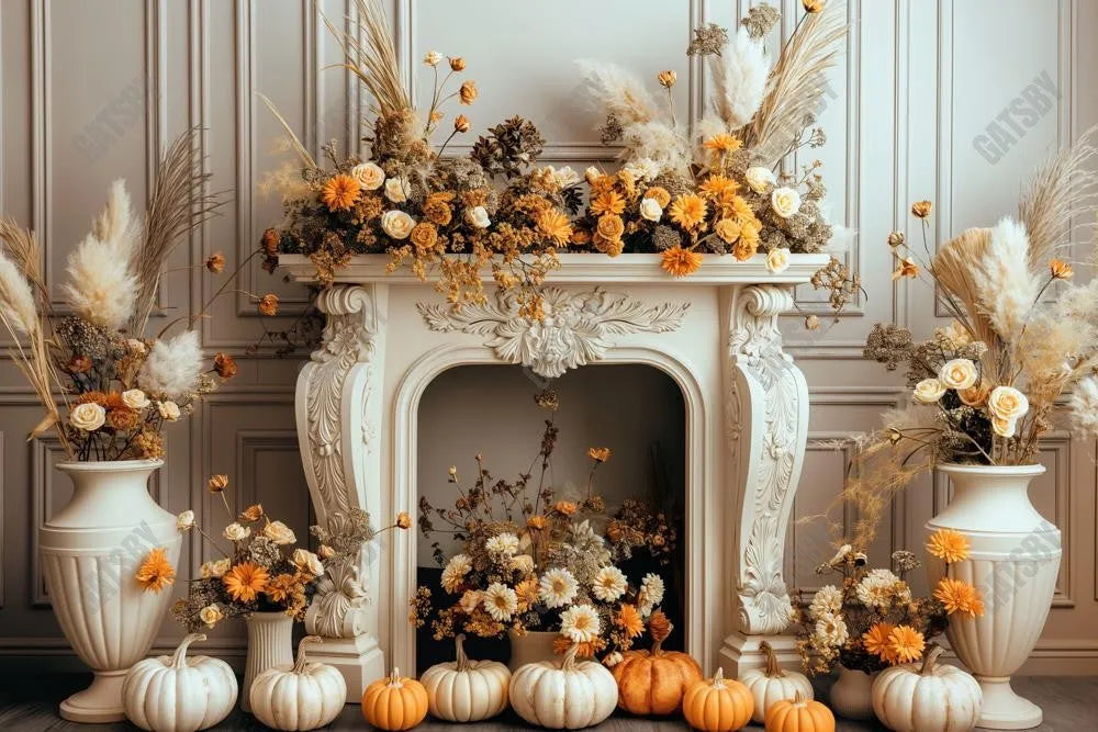 Gatsby Autumn Pumpkin Floral Fireplace Photography Backdrop Gbsx-00569 - Gatsby Backdrop