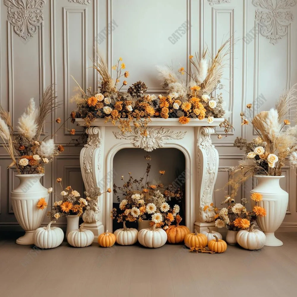 Gatsby Autumn Pumpkin Floral Fireplace Photography Backdrop Gbsx-00569 - Gatsby Backdrop