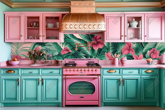 Gatsby Blue And Pink Tropical Kitchen Photography Backdrop Gbsx-00321 - Gatsby Backdrop