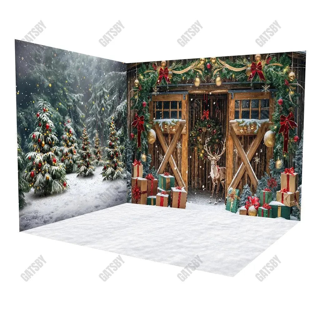 Gatsby Christmas Elk Brown Wooden Barn Room Set Backdrop Gbsx-00021&Gbsx-00822&Gbsx-99969 - Gatsby Backdrop