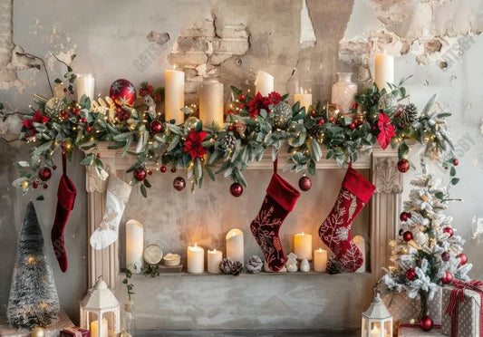 Gatsby Christmas Fireplace Photography Backdrop Gbsx-00842 - Gatsby Backdrop