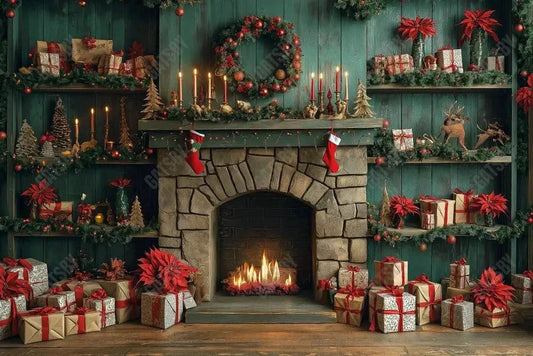 Gatsby Christmas Green Aged Cabinets Fireplace Photography Backdrop Gbsx-01075 - Gatsby Backdrop