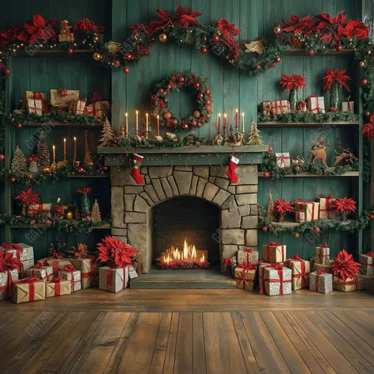 Gatsby Christmas Green Aged Cabinets Fireplace Photography Backdrop Gbsx-01075 - Gatsby Backdrop