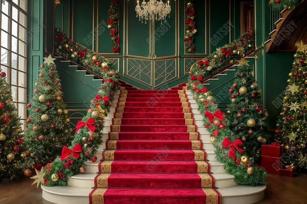 Gatsby Christmas Green Grand Staircase Photography Backdrop Gbsx-00951 - Gatsby Backdrop