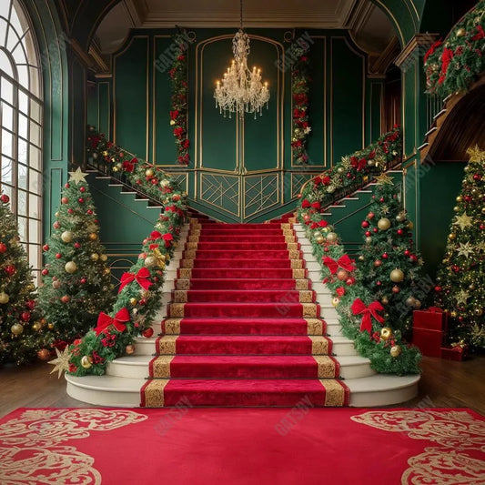 Gatsby Christmas Green Grand Staircase Photography Backdrop Gbsx-00951 - Gatsby Backdrop