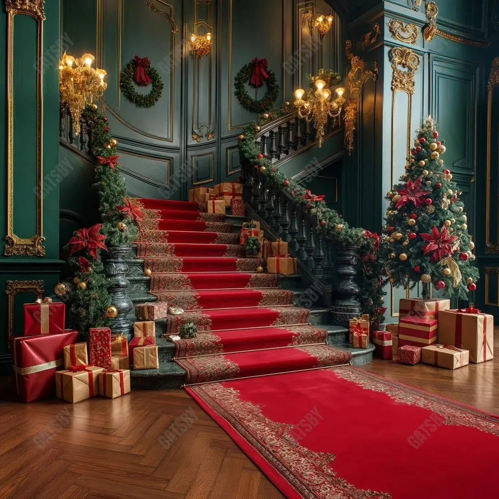 Gatsby Christmas Green Grand Staircase Photography Backdrop Gbsx-00952 - Gatsby Backdrop